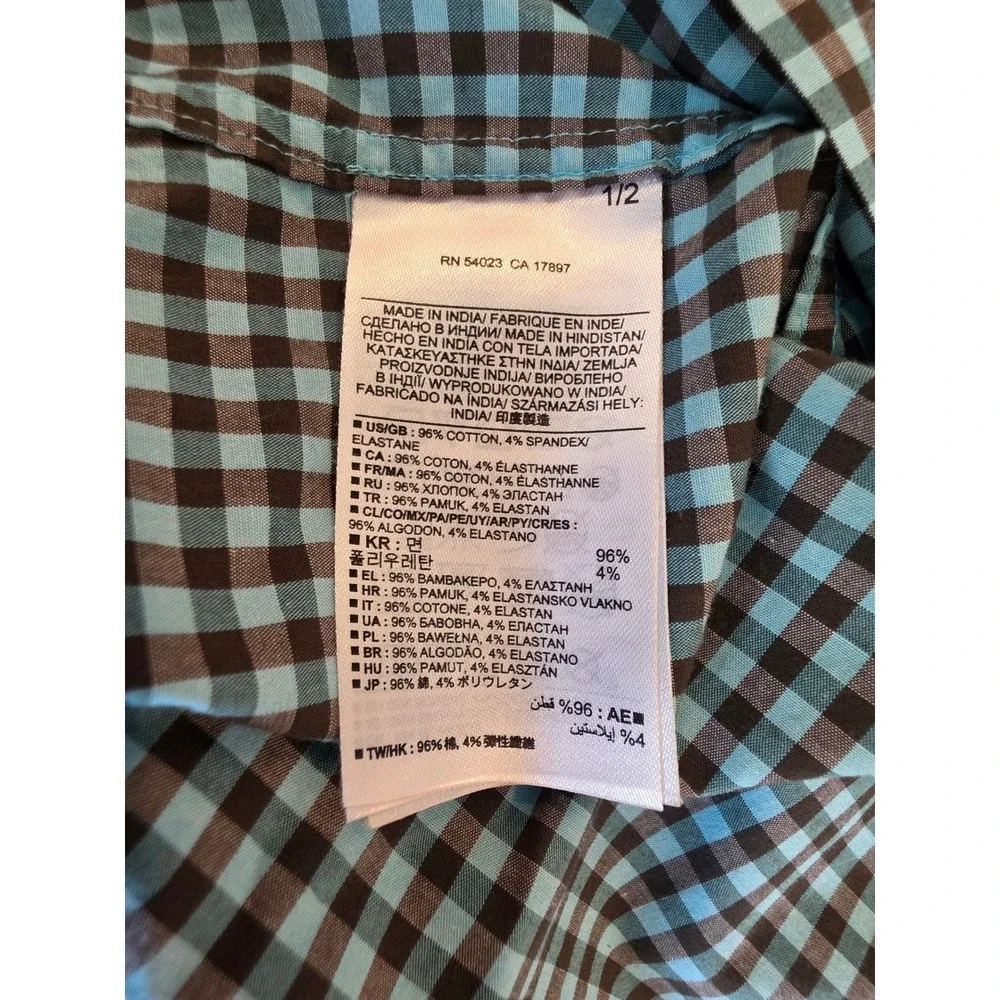 Men's‎ sz M Banana Republic Slim Fit Western Gingham Snap Front Shirt Blue Brown